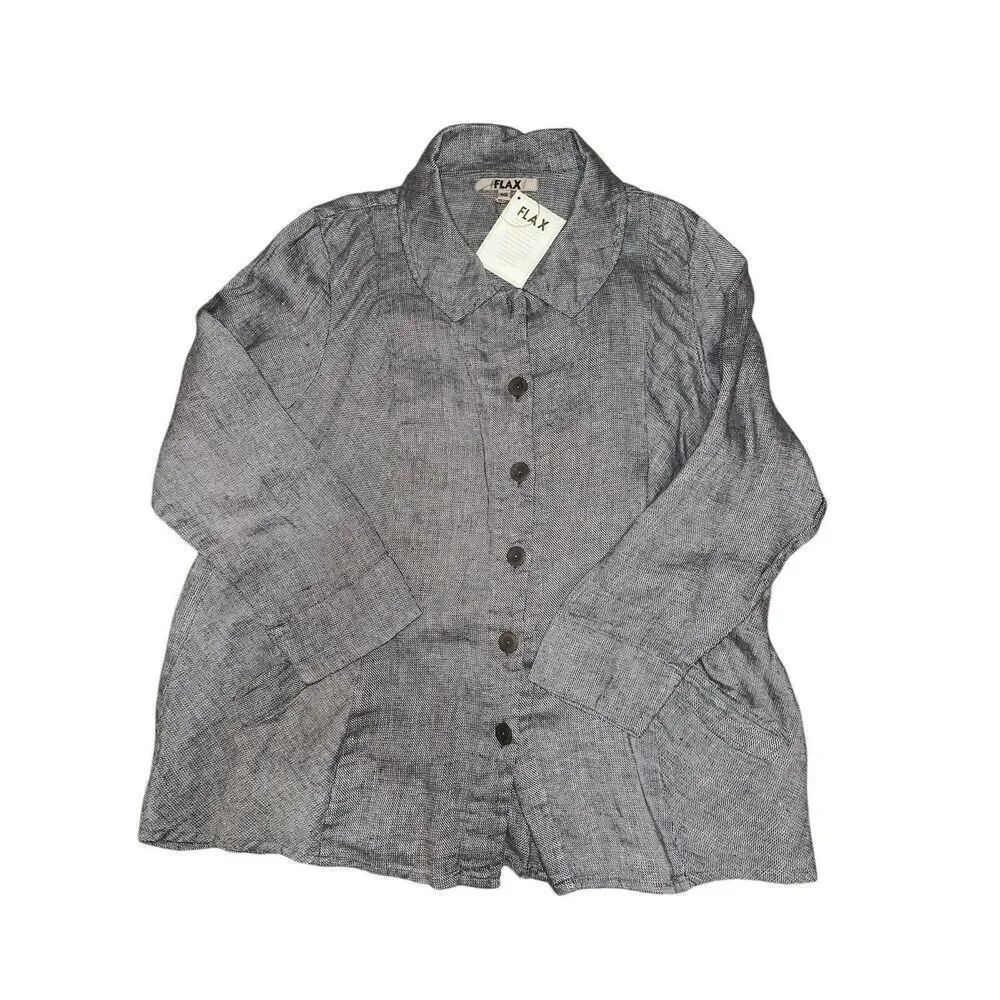 FLAX Grey 100% Linen Button Front Tunic Top Coastal Lagenlook Womens Size 1G